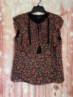 Greylin Orange Fall Floral Black Tassel Tie Ruffle Sleeve Boho Blouse Size M